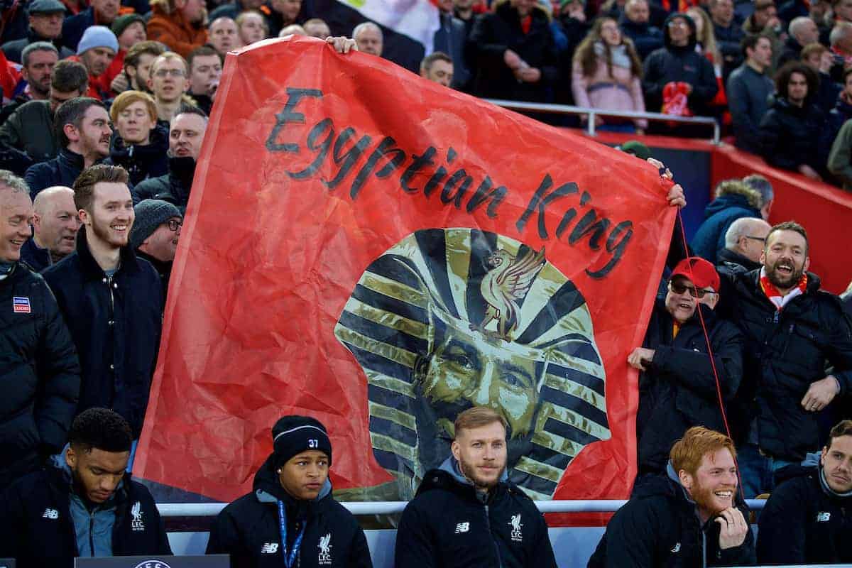 LIVERPOOL, ENGLAND - Wednesday, April 4, 2018: A Liverpool supporter with a banner featuring Mohamed Salah as an ancient Egyptian King during the UEFA Champions League Quarter-Final 1st Leg match between Liverpool FC and Manchester City FC at Anfield. (Pic by David Rawcliffe/Propaganda)