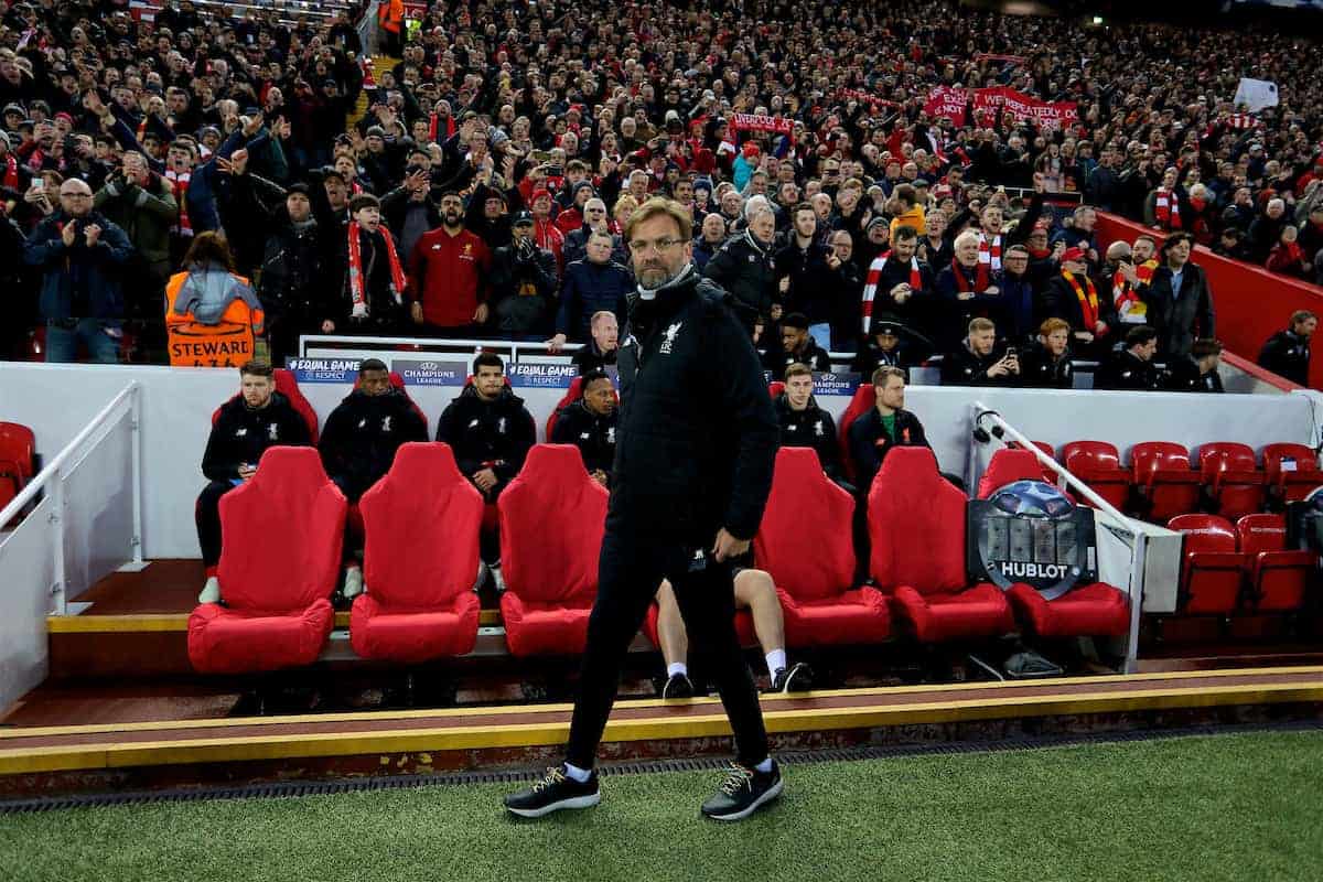 LIVERPOOL, ENGLAND - Wednesday, April 4, 2018: Liverpool's manager Jürgen Klopp before the UEFA Champions League Quarter-Final 1st Leg match between Liverpool FC and Manchester City FC at Anfield. (Pic by David Rawcliffe/Propaganda)