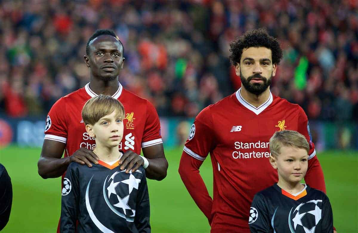 LIVERPOOL, ENGLAND - Wednesday, April 4, 2018: Liverpool's Sadio Mane and Mohamed Salah line-up before the UEFA Champions League Quarter-Final 1st Leg match between Liverpool FC and Manchester City FC at Anfield. (Pic by David Rawcliffe/Propaganda)