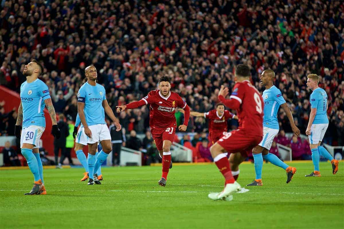 LIVERPOOL, ENGLAND - Wednesday, April 4, 2018: Liverpool's Alex Oxlade-Chamberlain celebrates scoring the second goal during the UEFA Champions League Quarter-Final 1st Leg match between Liverpool FC and Manchester City FC at Anfield. (Pic by David Rawcliffe/Propaganda)