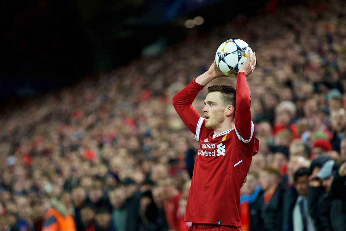 LIVERPOOL, ENGLAND - Wednesday, April 4, 2018: Liverpool's Andy Robertson takes a throw-in during the UEFA Champions League Quarter-Final 1st Leg match between Liverpool FC and Manchester City FC at Anfield. (Pic by David Rawcliffe/Propaganda)