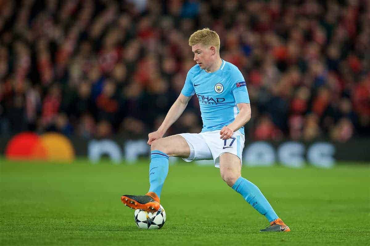 LIVERPOOL, ENGLAND - Wednesday, April 4, 2018: Manchester City's Kevin De Bruyne during the UEFA Champions League Quarter-Final 1st Leg match between Liverpool FC and Manchester City FC at Anfield. (Pic by David Rawcliffe/Propaganda)