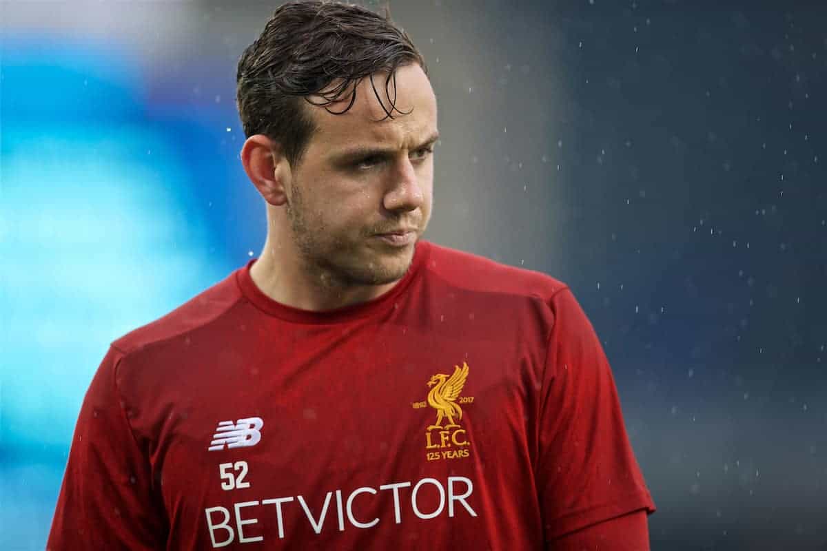 LIVERPOOL, ENGLAND - Saturday, April 7, 2018: Liverpool's goalkeeper Danny Ward in the rain during the pre-match warm-up before the FA Premier League match between Everton and Liverpool, the 231st Merseyside Derby, at Goodison Park. (Pic by David Rawcliffe/Propaganda)
