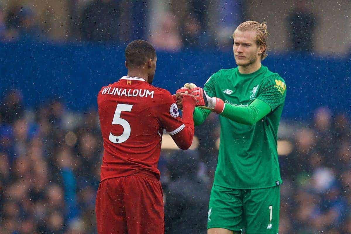 LIVERPOOL, ENGLAND - Saturday, April 7, 2018: Liverpool's goalkeeper Loris Karius (right) and Georginio Wijnaldum before the FA Premier League match between Everton and Liverpool, the 231st Merseyside Derby, at Goodison Park. (Pic by David Rawcliffe/Propaganda)