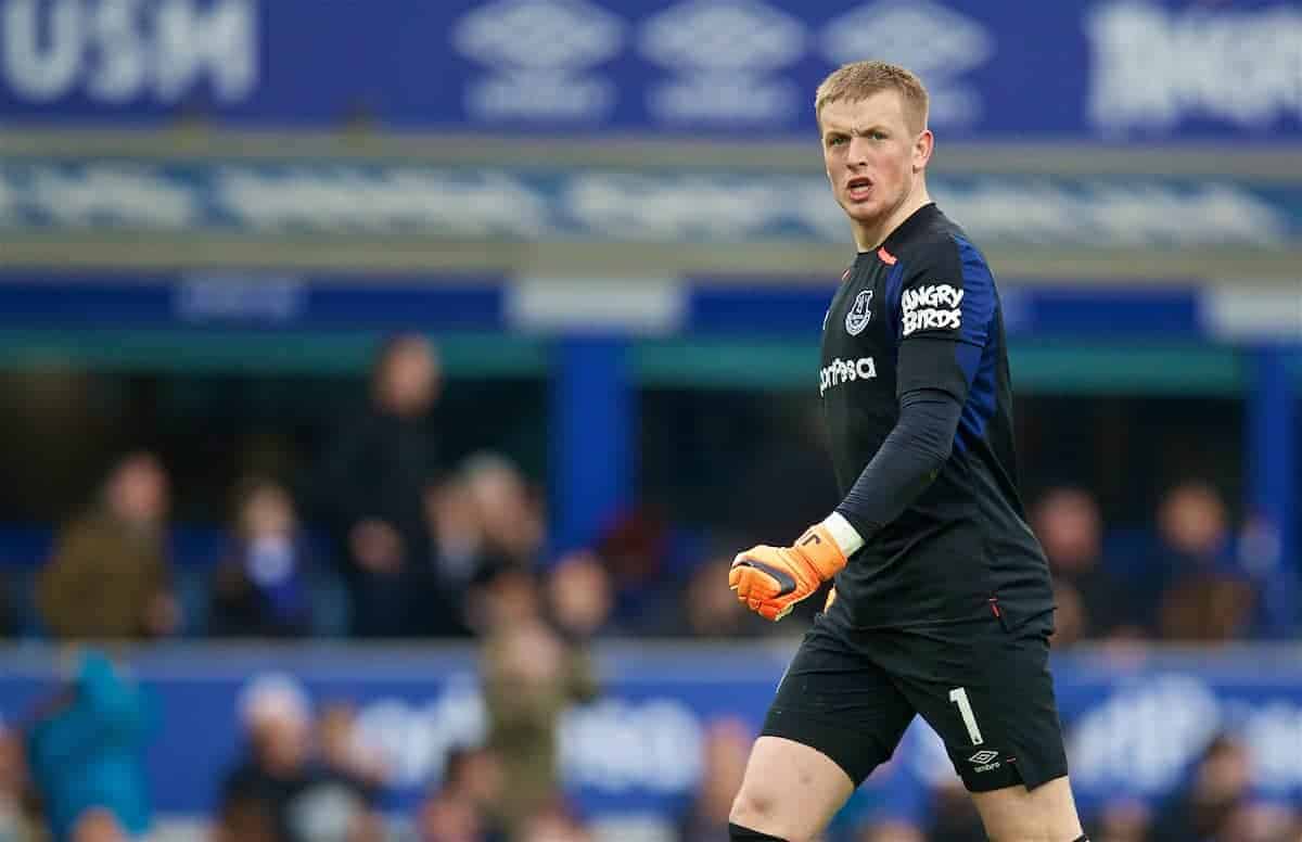 LIVERPOOL, ENGLAND - Saturday, April 7, 2018: Everton's goalkeeper Jordan Pickford during the FA Premier League match between Everton and Liverpool, the 231st Merseyside Derby, at Goodison Park. (Pic by David Rawcliffe/Propaganda)