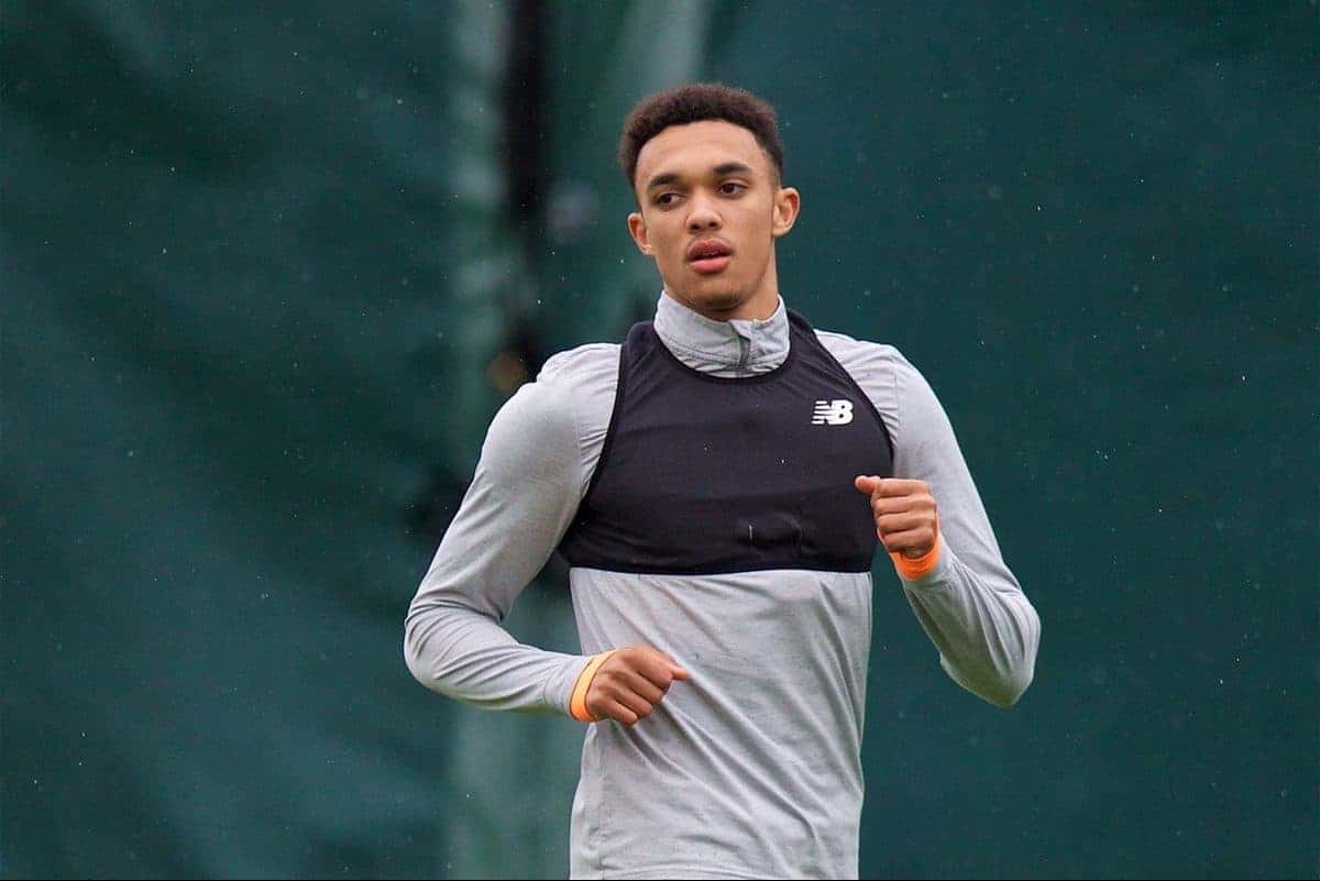 LIVERPOOL, ENGLAND - Monday, April 9, 2018: Liverpool's Trent Alexander-Arnold during a training session at Melwood Training Ground ahead of the UEFA Champions League Quarter-Final 2nd Leg match between Manchester City FC and Liverpool FC. (Pic by David Rawcliffe/Propaganda)