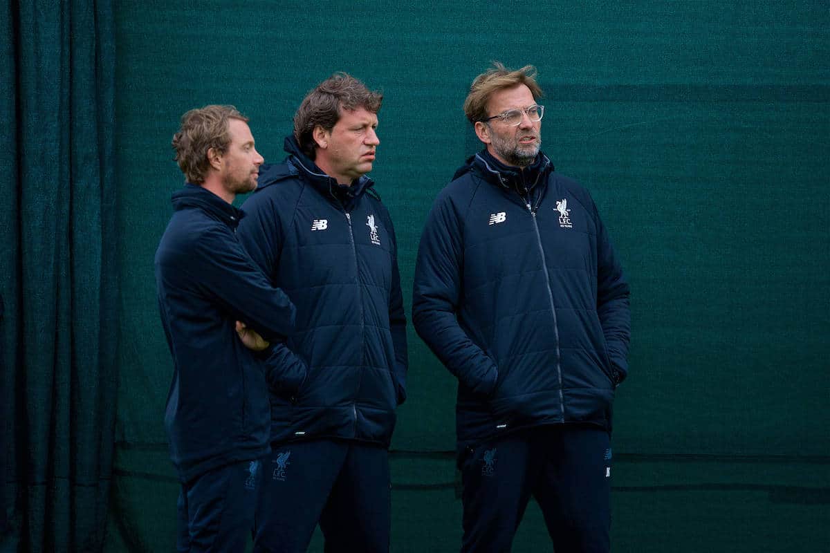 LIVERPOOL, ENGLAND - Monday, April 23, 2018: Liverpool's manager Jürgen Klopp (right) with first team coach Peter Krawietz (centre) during a training session at Melwood Training Ground ahead of the UEFA Champions League Semi-Final 1st Leg match between Liverpool FC and AS Roma. (Pic by David Rawcliffe/Propaganda)