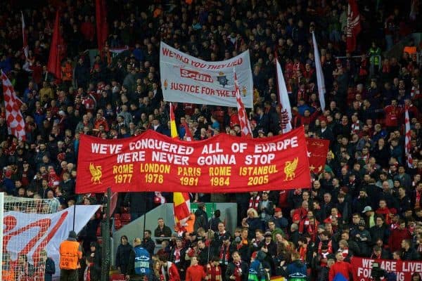 LIVERPOOL, ENGLAND - Tuesday, April 24, 2018: Liverpool supporters on the Spion Kop before the UEFA Champions League Semi-Final 1st Leg match between Liverpool FC and AS Roma at Anfield. We've conquered all of Europe. (Pic by David Rawcliffe/Propaganda)