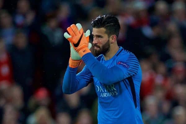 LIVERPOOL, ENGLAND - Tuesday, April 24, 2018: AS Romaís goalkeeper Alisson Becker applauds the Liverpool supporters during the UEFA Champions League Semi-Final 1st Leg match between Liverpool FC and AS Roma at Anfield. (Pic by David Rawcliffe/Propaganda)