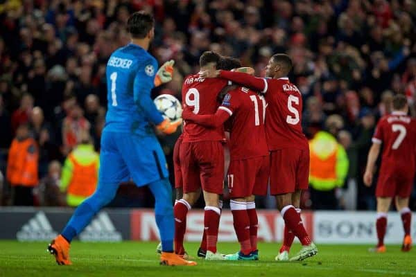 LIVERPOOL, ENGLAND - Tuesday, April 24, 2018: Liverpool's Sadio Mane scores the third goal with team-mates during the UEFA Champions League Semi-Final 1st Leg match between Liverpool FC and AS Roma at Anfield. (Pic by David Rawcliffe/Propaganda)