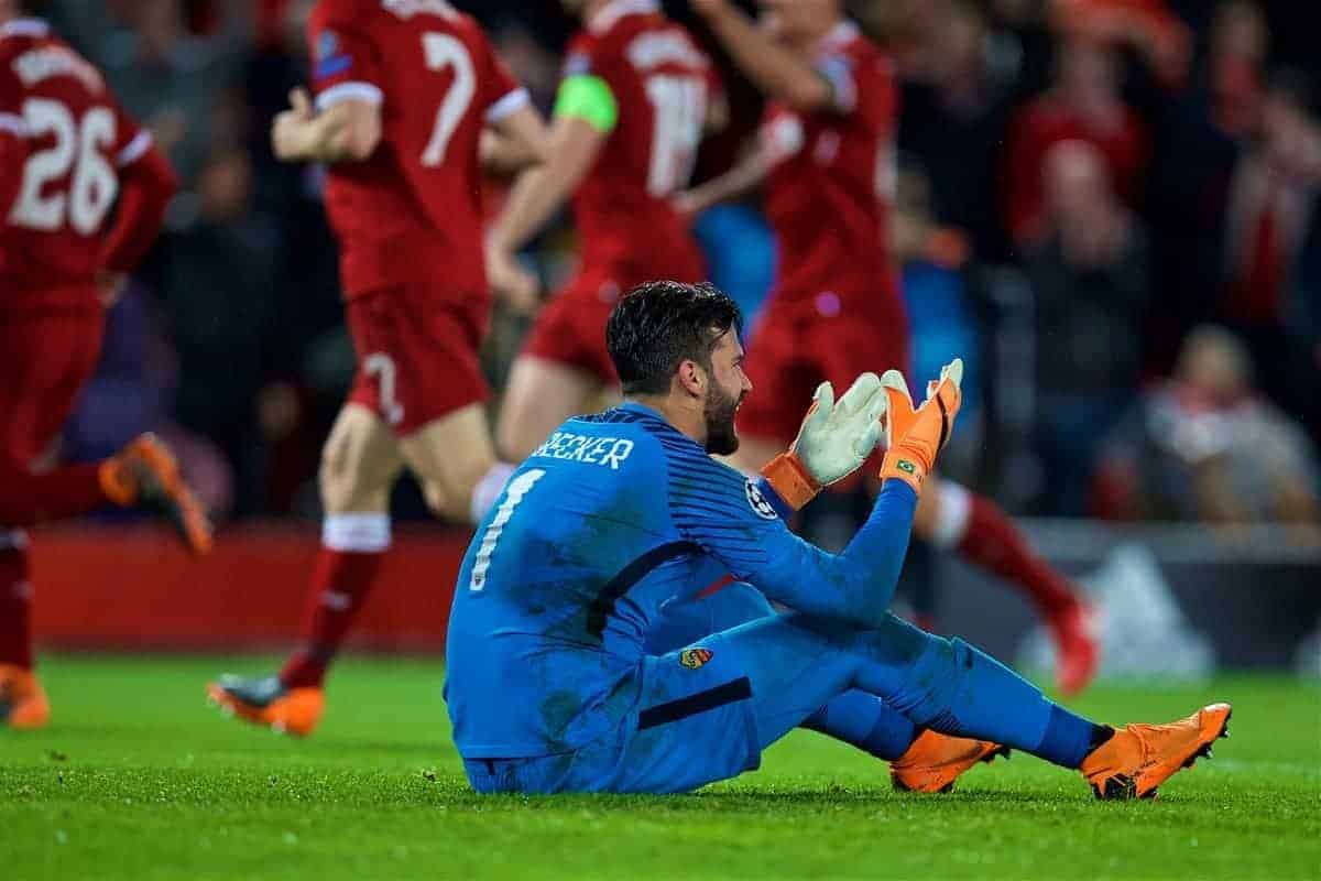 LIVERPOOL, ENGLAND - Tuesday, April 24, 2018: AS Romaís goalkeeper Alisson Becker looks dejected as Liverpool score the fourth goal during the UEFA Champions League Semi-Final 1st Leg match between Liverpool FC and AS Roma at Anfield. (Pic by David Rawcliffe/Propaganda)