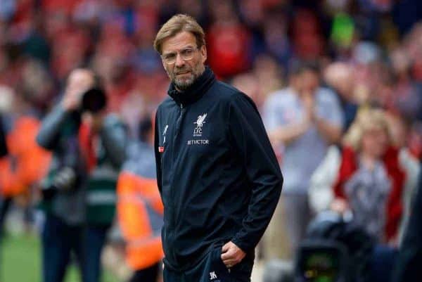 LIVERPOOL, ENGLAND - Saturday, April 28, 2018: Liverpool's manager Jürgen Klopp before the FA Premier League match between Liverpool FC and Stoke City FC at Anfield. (Pic by David Rawcliffe/Propaganda)