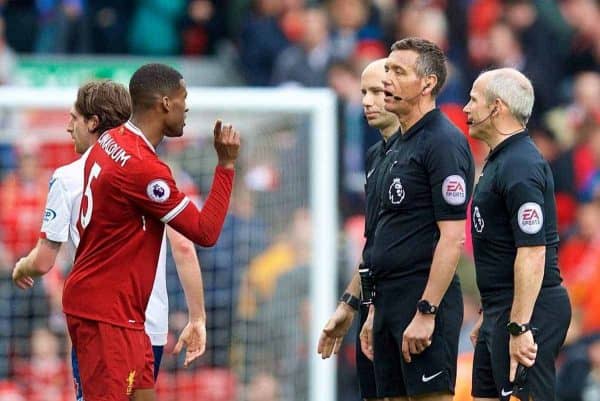 LIVERPOOL, ENGLAND - Saturday, April 28, 2018: Liverpool's Georginio Wijnaldum speaks with referee Andre Marriner and assistant referee Richard West after the goal-less draw during the FA Premier League match between Liverpool FC and Stoke City FC at Anfield. (Pic by David Rawcliffe/Propaganda)