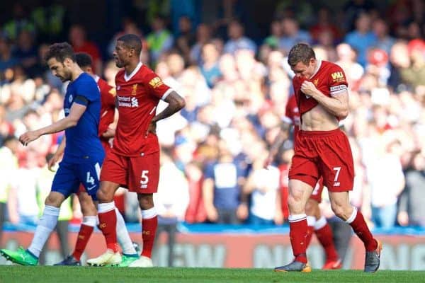 LONDON, ENGLAND - Sunday, May 6, 2018: Liverpool's captain James Milner looks dejected as Chelsea score the only goal of the game during the FA Premier League match between Chelsea FC and Liverpool FC at Stamford Bridge. (Pic by David Rawcliffe/Propaganda)