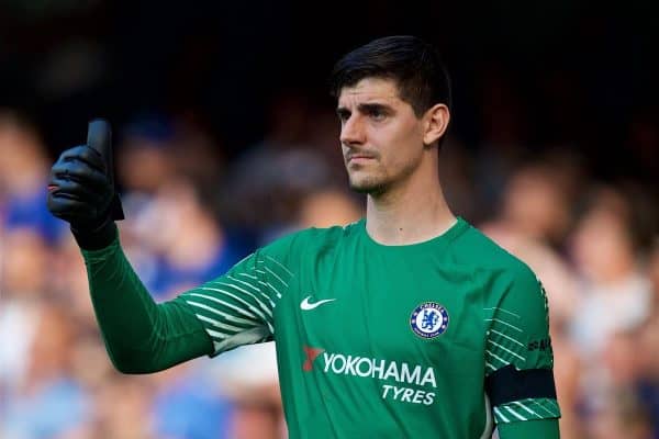 LONDON, ENGLAND - Sunday, May 6, 2018: Chelsea's goalkeeper Thibaut Courtois gives a thumbs-up during the FA Premier League match between Chelsea FC and Liverpool FC at Stamford Bridge. (Pic by David Rawcliffe/Propaganda)