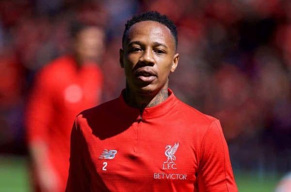 LIVERPOOL, ENGLAND - Sunday, May 13, 2018: Liverpool's Nathaniel Clyne during the pre-match warm-up before the FA Premier League match between Liverpool FC and Brighton & Hove Albion FC at Anfield. (Pic by David Rawcliffe/Propaganda)