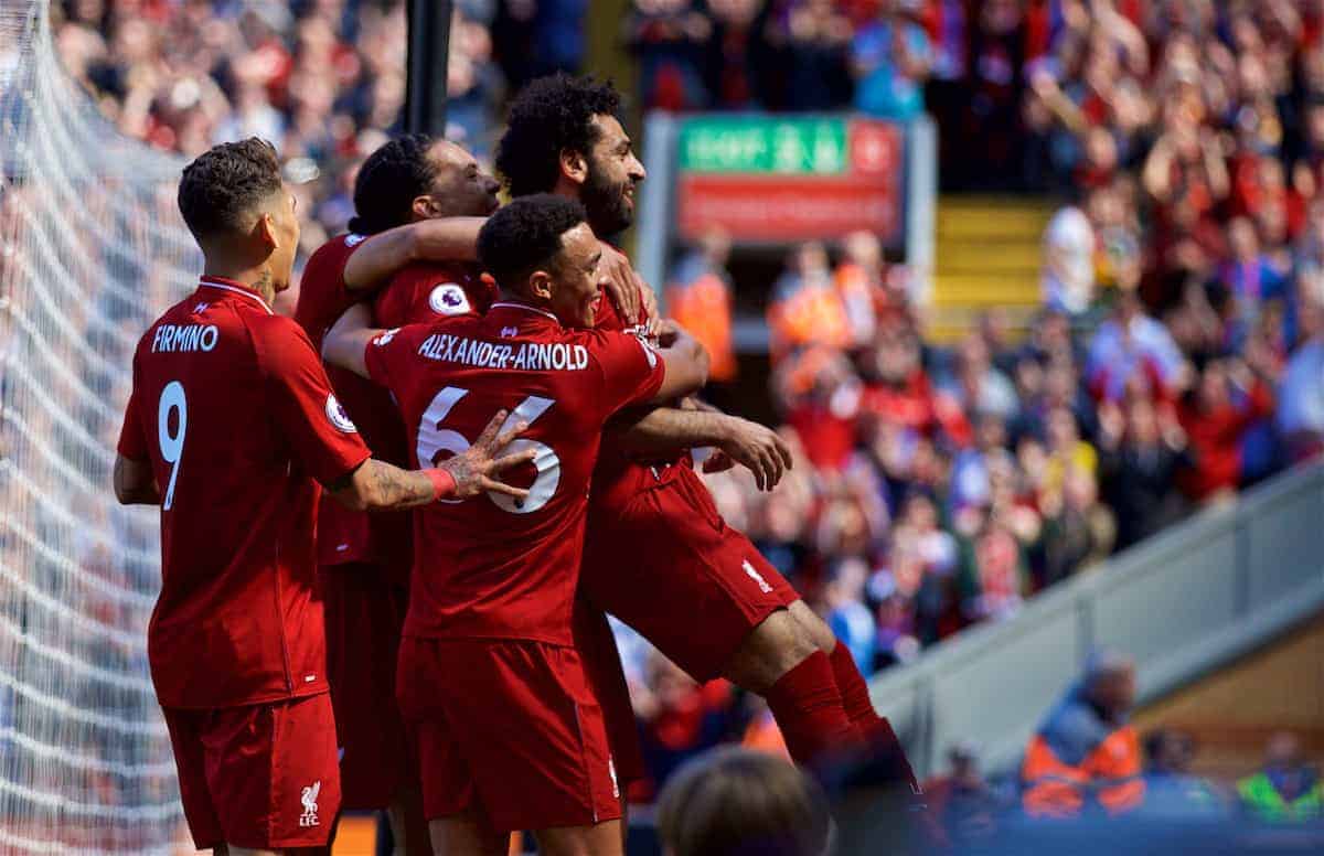 LIVERPOOL, ENGLAND - Sunday, May 13, 2018: Liverpool's Mohamed Salah celebrates with team-mate after scoring the first goal during the FA Premier League match between Liverpool FC and Brighton & Hove Albion FC at Anfield. It was his 32nd league goal of the season making him the leading scorer. Liverpool won 4-0. (Pic by David Rawcliffe/Propaganda)