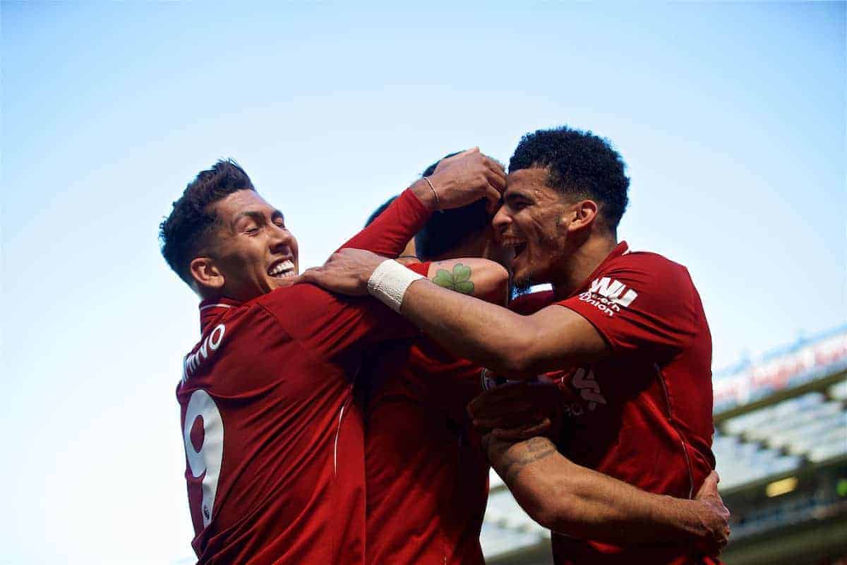 LIVERPOOL, ENGLAND - Sunday, May 13, 2018: Liverpool's Dejan Lovren celebrates scoring the second goal, with team-mates Roberto Firmino and Dominic Solanke, during the FA Premier League match between Liverpool FC and Brighton & Hove Albion FC at Anfield. Liverpool won 4-0 and finished 4th. (Pic by David Rawcliffe/Propaganda)