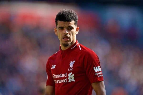LIVERPOOL, ENGLAND - Sunday, May 13, 2018: Liverpool's Dominic Solanke during the FA Premier League match between Liverpool FC and Brighton & Hove Albion FC at Anfield. (Pic by David Rawcliffe/Propaganda)