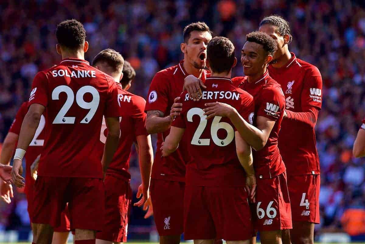 LIVERPOOL, ENGLAND - Sunday, May 13, 2018: Liverpool's Andy Robertson celebrates scoring the fourth goal, his first for the club, with team-mates Dejan Lovren and Trent Alexander-Arnold during the FA Premier League match between Liverpool FC and Brighton & Hove Albion FC at Anfield. Liverpool won 4-0 and finished the season 4th. (Pic by David Rawcliffe/Propaganda)