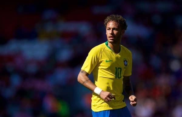 LIVERPOOL, ENGLAND - Sunday, June 3, 2018: Brazil's Neymar da Silva Santos Júnior during an international friendly between Brazil and Croatia at Anfield. (Pic by David Rawcliffe/Propaganda)