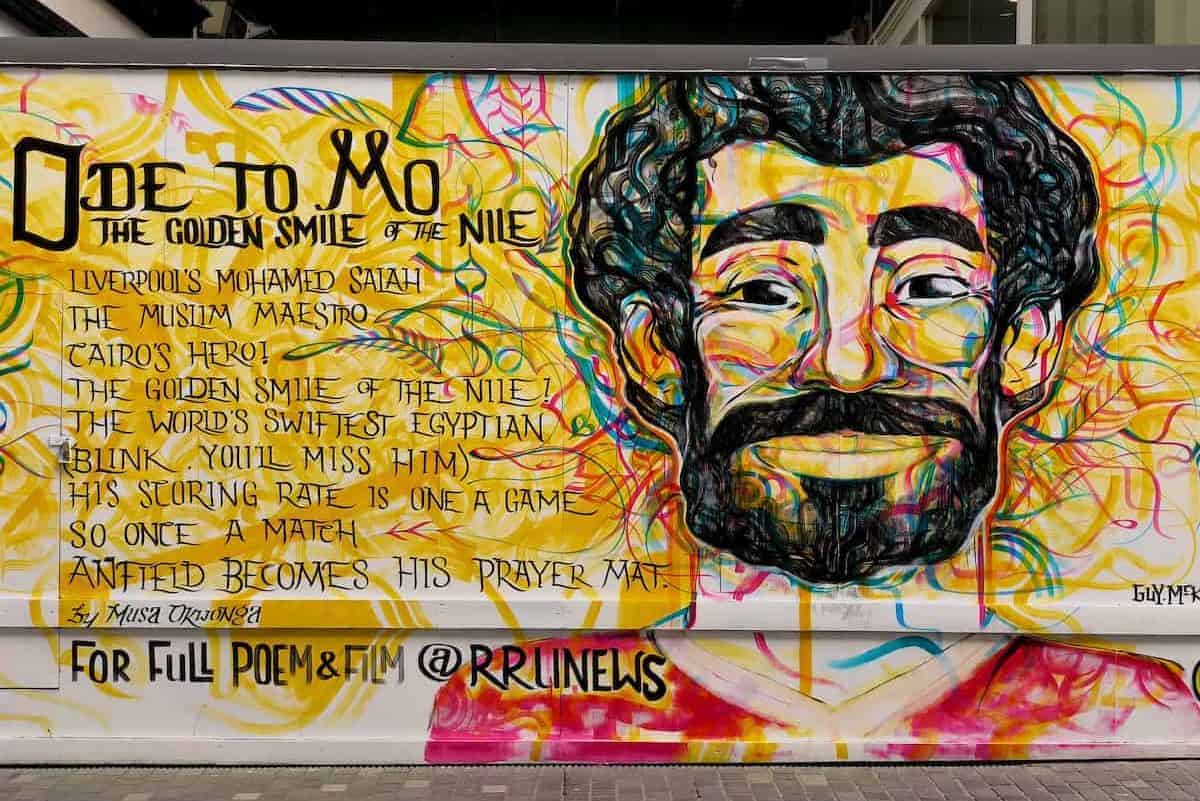 LIVERPOOL, ENGLAND - Friday, June 8, 2018: An "Ode to Mo" poem and street art by Musa Okwonga dedicated to Liverpool and Egypt footballer Mohamed Salah painted on a vacant lot in Liverpool city centre. (Pic by David Rawcliffe/Propaganda)