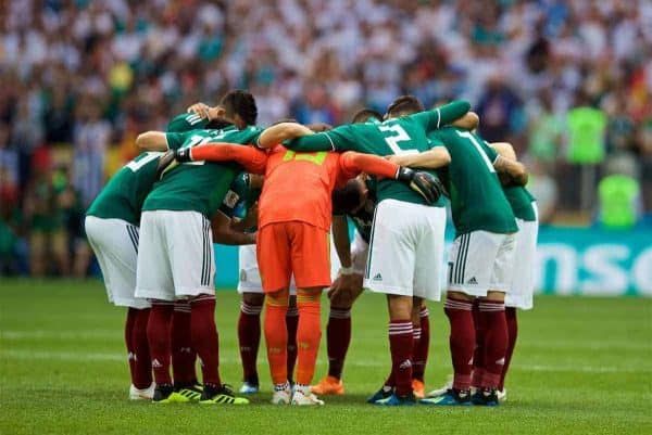 MOSCOW, RUSSIA - Sunday, June 17, 2018: Mexico players form a pre-match huddle before the FIFA World Cup Russia 2018 Group F match between Germany and Mexico at the Luzhniki Stadium. (Pic by David Rawcliffe/Propaganda)