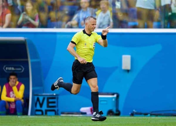 SAINT PETERSBURG, RUSSIA - Friday, June 22, 2018: Referee Björn Kuipers waves his finger as he disallows a Brazil penalty after consulting VAR (Video Assisted Referee) during the FIFA World Cup Russia 2018 Group E match between Brazil and Costa Rica at the Saint Petersburg Stadium. (Pic by David Rawcliffe/Propaganda)