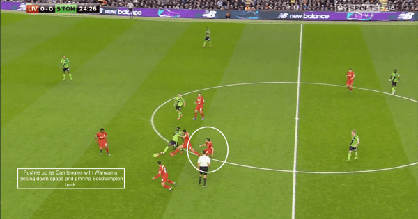 Pushes up as Can tangles with Wanyama, closing down space and pinning Southampton back.