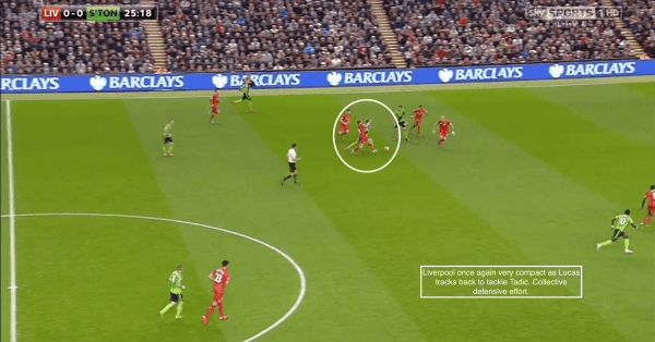 Liverpool once again very compact as Lucas tracks back to tackle Tadic. Collective defensive effort.