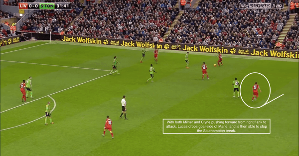 With both Milner and Clyne pushing forward from right flank to attack, Lucas drops goal-side of Mane, and is then able to stop the Southampton break.
