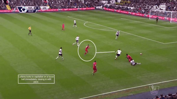 Lallana looks to capitalise on a loose ball immediately, closing in with pace.