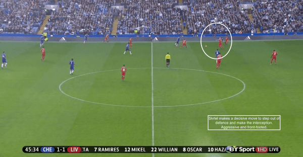 Skrtel makes a decisive move to step out of defence and make the interception. Aggressive and front-footed.