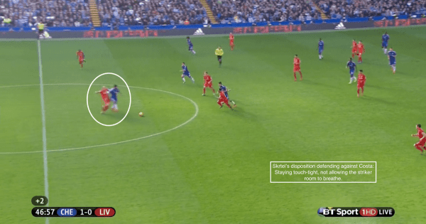 Skrtel's disposition defending against Costa: staying touch-tight, not allowing the striker room to breathe.