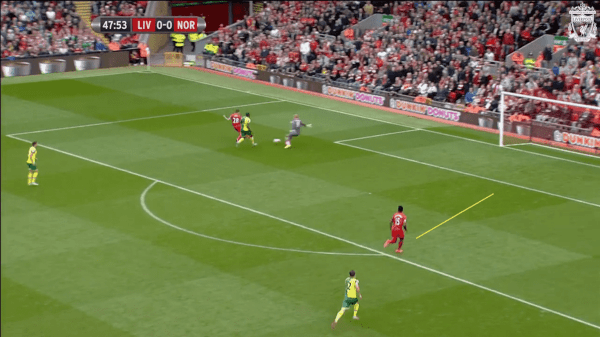 48 mins, Sturridge vs. Norwich - Supporting run for Ings' goal