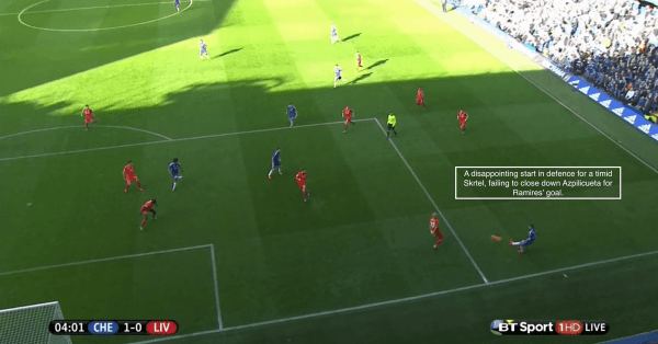 A disappointing start in defence for a timid Skrtel, failing to close down Azpilicueta for Ramires' goal.