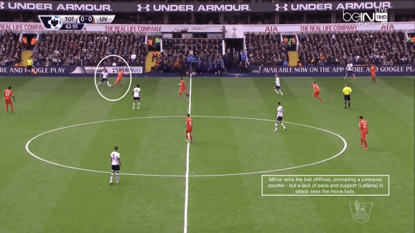 Milner wins the ball off Rose, prompted a Liverpool counter - but a lack of pace and support (Lallana) in attack sees the move fade.