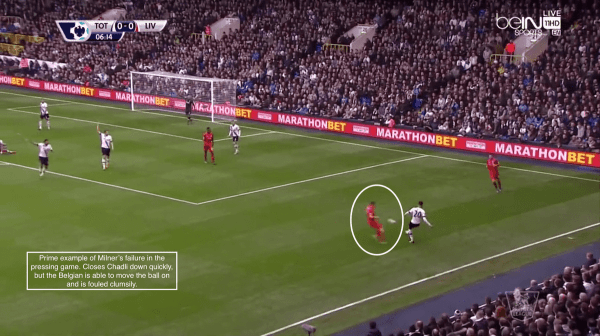 Prime example of Milner's failure in the pressing game. Closes Chadli down quickly, but the Belgian is able to move the ball on and is fouled clumsily.