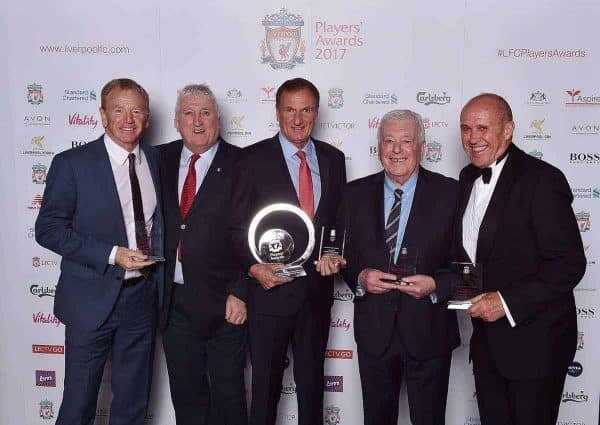 LIVERPOOL, ENGLAND - MAY 09:  (THE SUN OUT, THE SUN ON SUNDAY OUT) David Fairclough, David Johnson, Phil Thompson, Ian Callaghan, Phil Neal ex players of Liverpool after winning the Outstanding Team Achievement Award during the Liverpool FC Player Awards at Anfield on May 9, 2017 in Liverpool, England.  (Photo by Andrew Powell/Liverpool FC via Getty Images) *** Local Caption *** David Fairclough; David Johnson; Phil Thompson; Ian Callaghan; Phil Neal