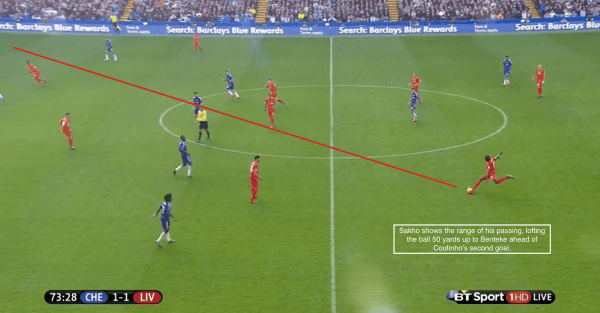 Sakho shows the range of his passing, lofting the ball 50 yards up to Benteke ahead of Coutinho's second goal.