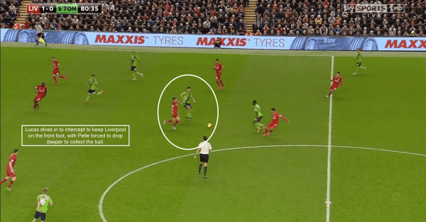 Lucas dives in to intercept to keep Liverpool on the front foot, with Pelle forced to drop deeper to collect the ball.