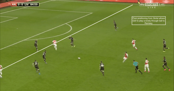 Poor positioning from Skrtel allows Ozil to play a lovely through ball to Ramsey.