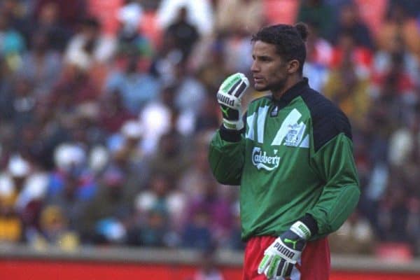 JOHANNESBURG, REPUBLIC OF SOUTH AFRICA - Sunday, May 29, 1994: Liverpool's goalkeeper David James in action against the Iwisa Kaizer Chiefs during the United Bank Soccer Festival friendly match at Ellis Park Stadium. (Pic by David Rawcliffe/Propaganda)