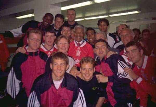 JOHANNESBURG, REPUBLIC OF SOUTH AFRICA - Sunday, May 29, 1994: Life-long Liverpool FC supporter and newly elected President of the Republic of South Africa Nelson Mandela meet the Liverpool players during the United Bank Soccer Festival friendly match at Ellis Park Stadium. (Pic by David Rawcliffe/Propaganda)..Michael Thomas, Lee Jones, Ashley Neal, David James, Bruce Grobbelaar, Steve Nicol, Robbie Fowler, Sammy Lee, Phil Charnock, Nelson Mandela, John Barnes, Roy Evans, Ronnie Moran, Andrew Harris, Lee Jones, Neil Ruddock, Dominic Matteo.