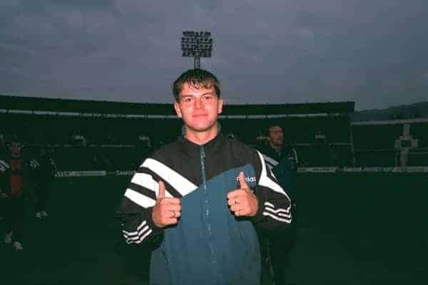 VLADIKAVKAZ, RUSSIA - Tuesday, September 12, 1995: Liverpool's Phil Charnock before the UEFA Cup 1st Round 1st Leg match against FC Alania Spartak Vladikavkaz at the Republican Spartak Stadium. (Photo by David Rawcliffe/Propaganda)