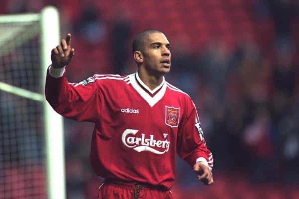 LIVERPOOL, ENGLAND - Saturday, January 6, 1996: Liverpool's Stan Collymore celebrates scoring the second of his hat-trick of goals against Rochdale during the FA Cup 3rd Round match at Anfield. (Photo by David Rawcliffe/Propaganda)