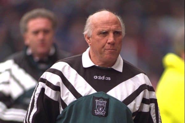 COVENTRY, ENGLAND - Saturday, April 6, 1996: Liverpool's coach Ronnie Moran against Coventry City during the Premiership match at Highfield Road. Coventry won 1-0. (Pic by David Rawcliffe/Propaganda)