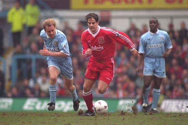 COVENTRY, ENGLAND - Saturday, April 6, 1996: Liverpool's Jamie Redknapp in action against Coventry City's Kevin Richardson during the Premiership match at Highfield Road. Coventry won 1-0. (Pic by David Rawcliffe/Propaganda)