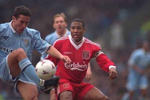 COVENTRY, ENGLAND - Saturday, April 6, 1996: Liverpool's captain John Barnes in action against Coventry City during the Premiership match at Highfield Road. Coventry won 1-0. (Pic by David Rawcliffe/Propaganda)