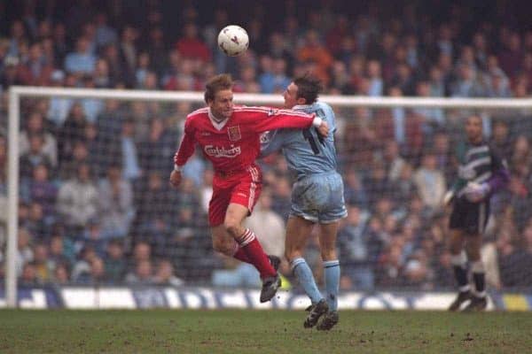 COVENTRY, ENGLAND - Saturday, April 6, 1996: Liverpool's John Scales in action against Coventry City's Noel Whelan during the Premiership match at Highfield Road. Coventry won 1-0. (Pic by David Rawcliffe/Propaganda)